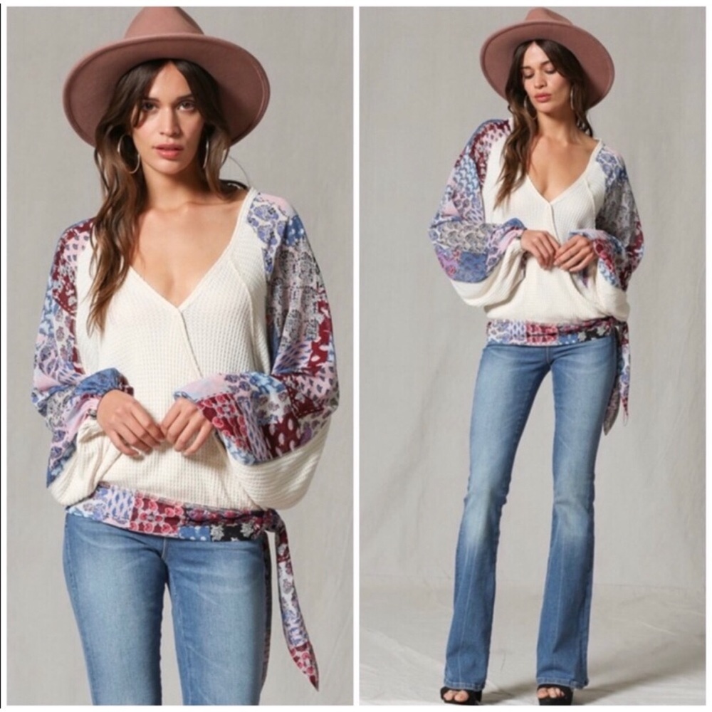 Baja Waffle Knit Chiffon Sleeves Top (runs large)
